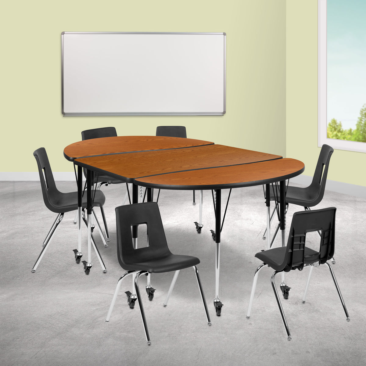 Flash Furniture XU-GRP-18CH-A3048CON-48-OAK-T-A-CAS-GG Mobile 76" Oval Wave Activity Table Set-18" Student Stack Chairs, Oak/Black (Oak Top/Black Frame) - View 2