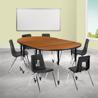 Flash Furniture XU-GRP-18CH-A3048CON-48-OAK-T-A-CAS-GG Mobile 76" Oval Wave Activity Table Set-18" Student Stack Chairs, Oak/Black (Oak Top/Black Frame) - View 2
