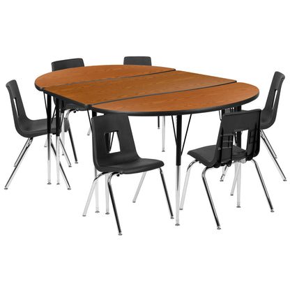 Flash Furniture XU-GRP-18CH-A3048CON-48-OAK-T-A-GG 76" Oval Wave Activity Table Set with 18" Student Stack Chairs, Oak/Black (Oak Top/Black Frame) - Main view