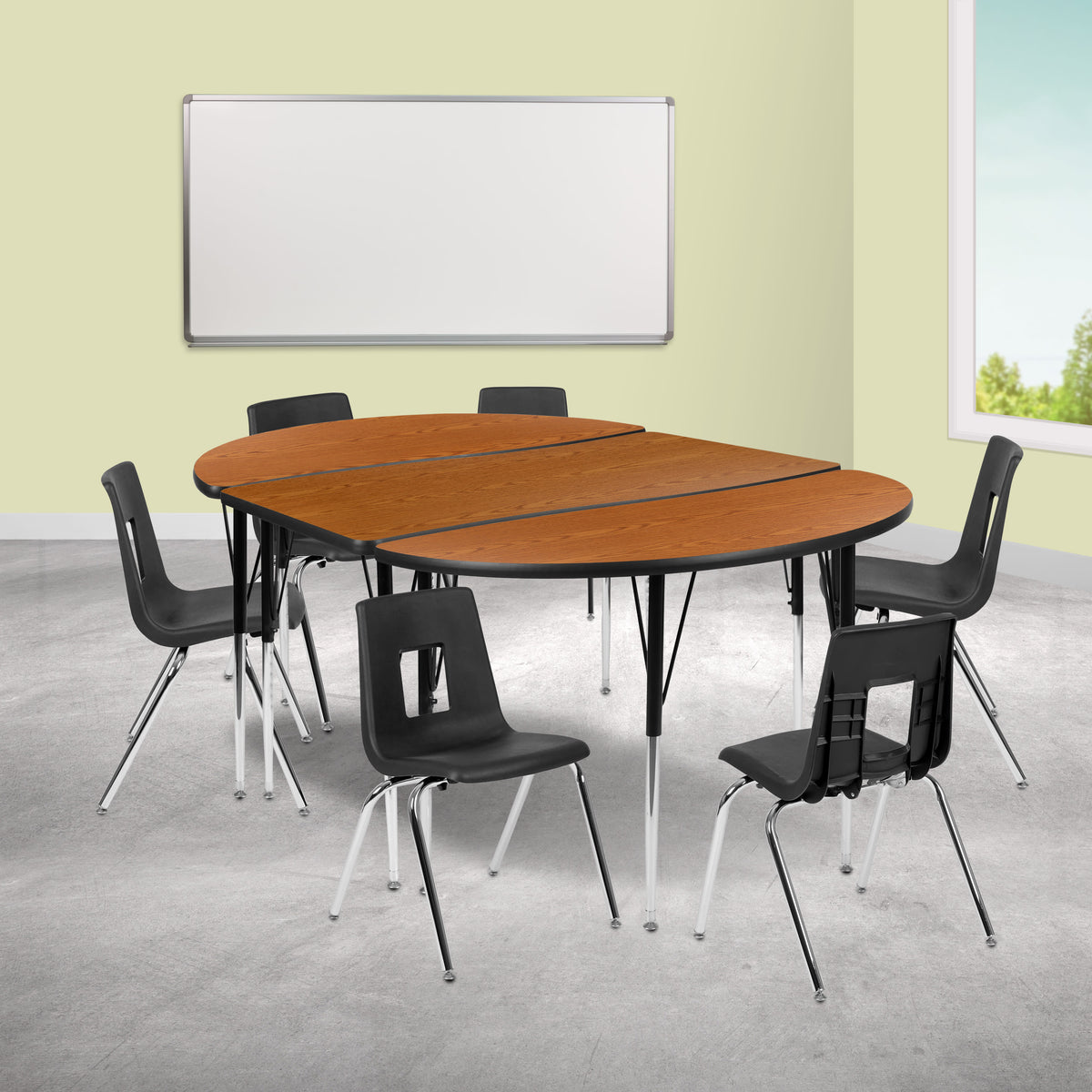 Flash Furniture XU-GRP-18CH-A3048CON-48-OAK-T-A-GG 76" Oval Wave Activity Table Set with 18" Student Stack Chairs, Oak/Black (Oak Top/Black Frame) - View 2