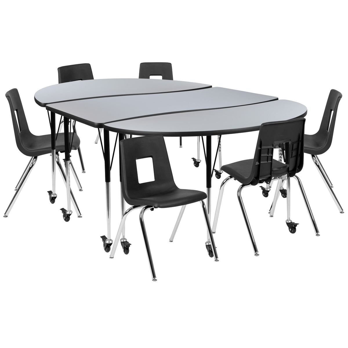 Flash Furniture XU-GRP-18CH-A3060CON-60-GY-T-A-CAS-GG Mobile 86" Oval Wave Activity Table Set-18" Student Stack Chairs, Grey/Black (Grey Top/Black Frame) - Main view