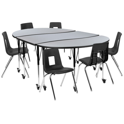 Flash Furniture XU-GRP-18CH-A3060CON-60-GY-T-A-CAS-GG Mobile 86" Oval Wave Activity Table Set-18" Student Stack Chairs, Grey/Black (Grey Top/Black Frame) - Main view