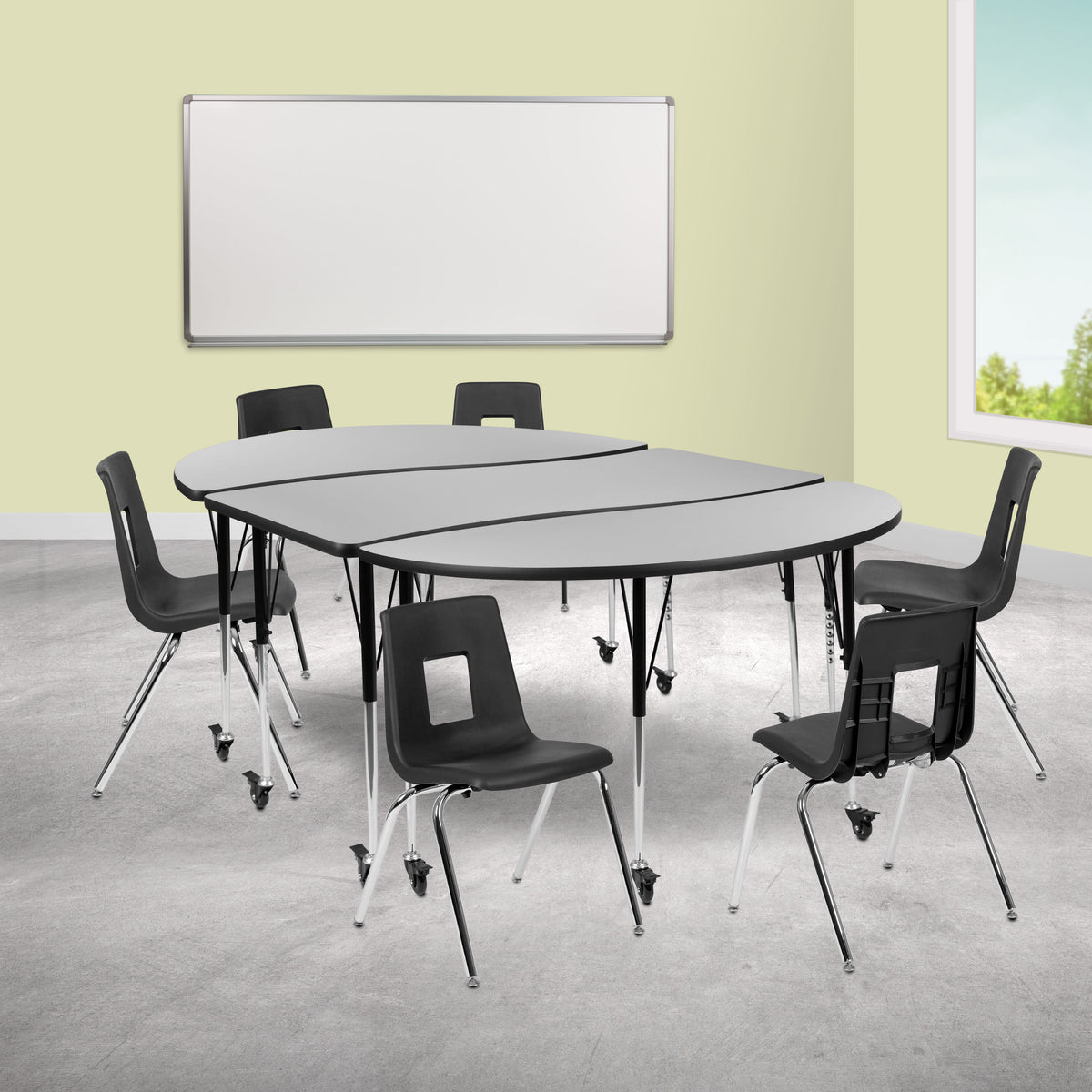Flash Furniture XU-GRP-18CH-A3060CON-60-GY-T-A-CAS-GG Mobile 86" Oval Wave Activity Table Set-18" Student Stack Chairs, Grey/Black (Grey Top/Black Frame) - View 2