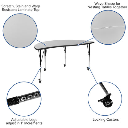 Flash Furniture XU-GRP-18CH-A3060CON-60-GY-T-A-CAS-GG Mobile 86" Oval Wave Activity Table Set-18" Student Stack Chairs, Grey/Black (Grey Top/Black Frame) - View 3