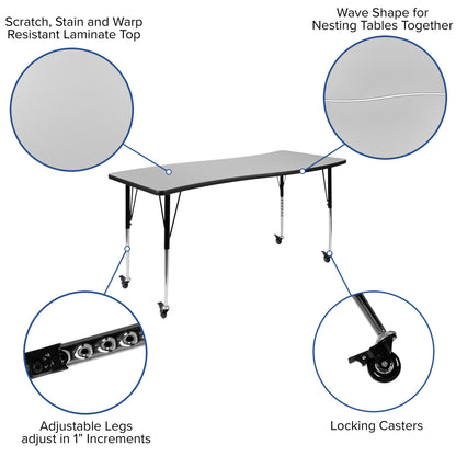 Flash Furniture XU-GRP-18CH-A3060CON-60-GY-T-A-CAS-GG Mobile 86" Oval Wave Activity Table Set-18" Student Stack Chairs, Grey/Black (Grey Top/Black Frame) - View 4