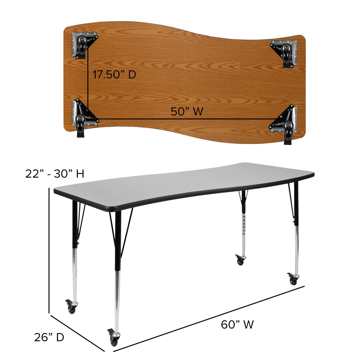 Flash Furniture XU-GRP-18CH-A3060CON-60-GY-T-A-CAS-GG Mobile 86" Oval Wave Activity Table Set-18" Student Stack Chairs, Grey/Black (Grey Top/Black Frame) - View 7