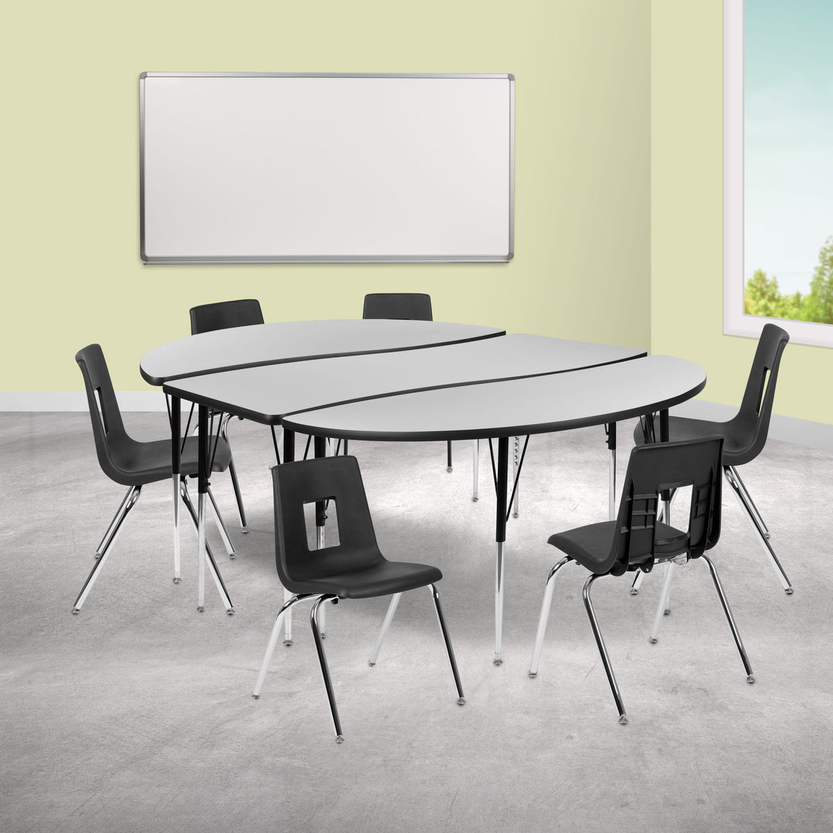 Flash Furniture XU-GRP-18CH-A3060CON-60-GY-T-A-GG 86" Oval Wave Activity Table Set with 18" Student Stack Chairs, Grey/Black (Grey Top/Black Frame) - View 2