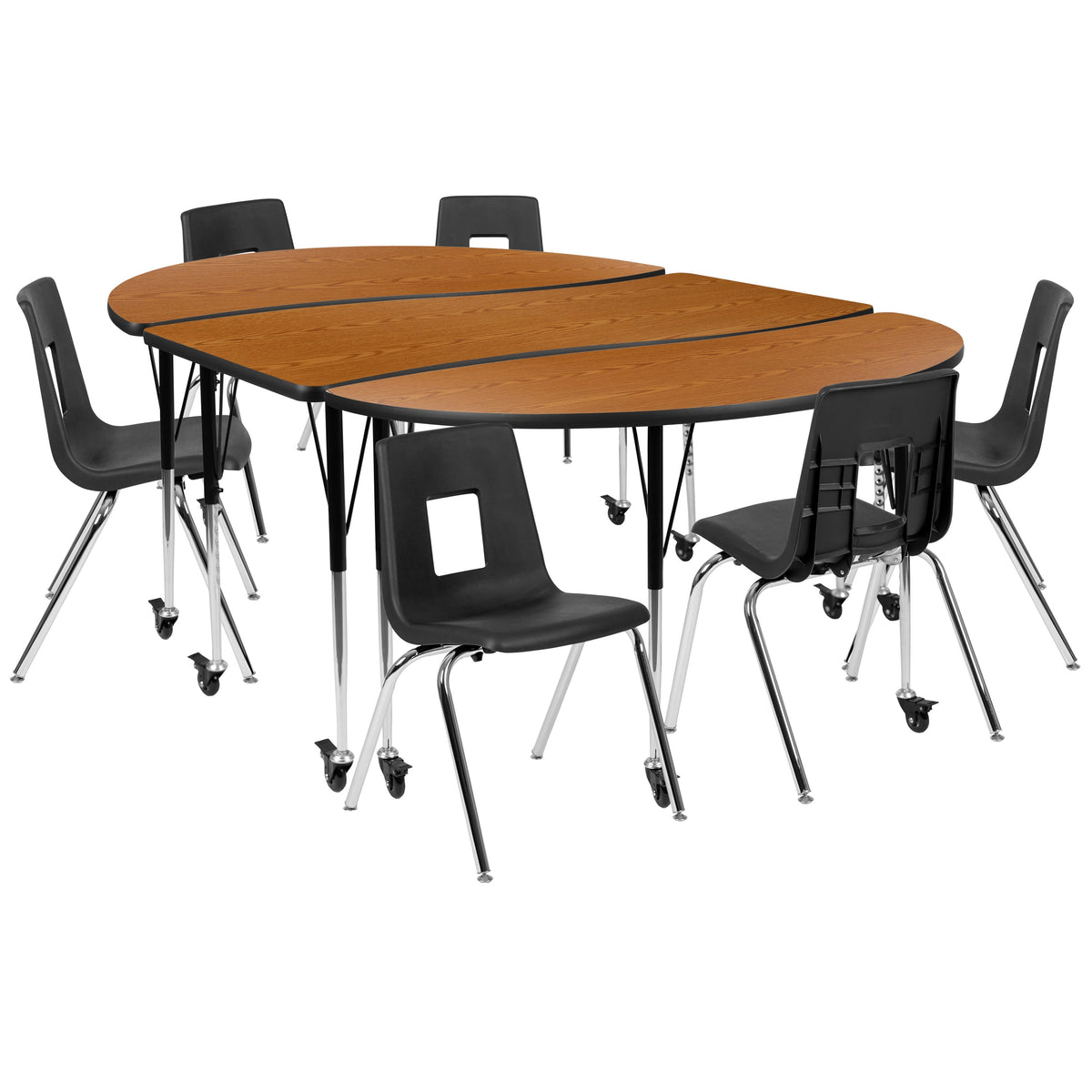 Flash Furniture XU-GRP-18CH-A3060CON-60-OAK-T-A-CAS-GG Mobile 86" Oval Wave Activity Table Set-18" Student Stack Chairs, Oak/Black (Oak Top/Black Frame) - Main view