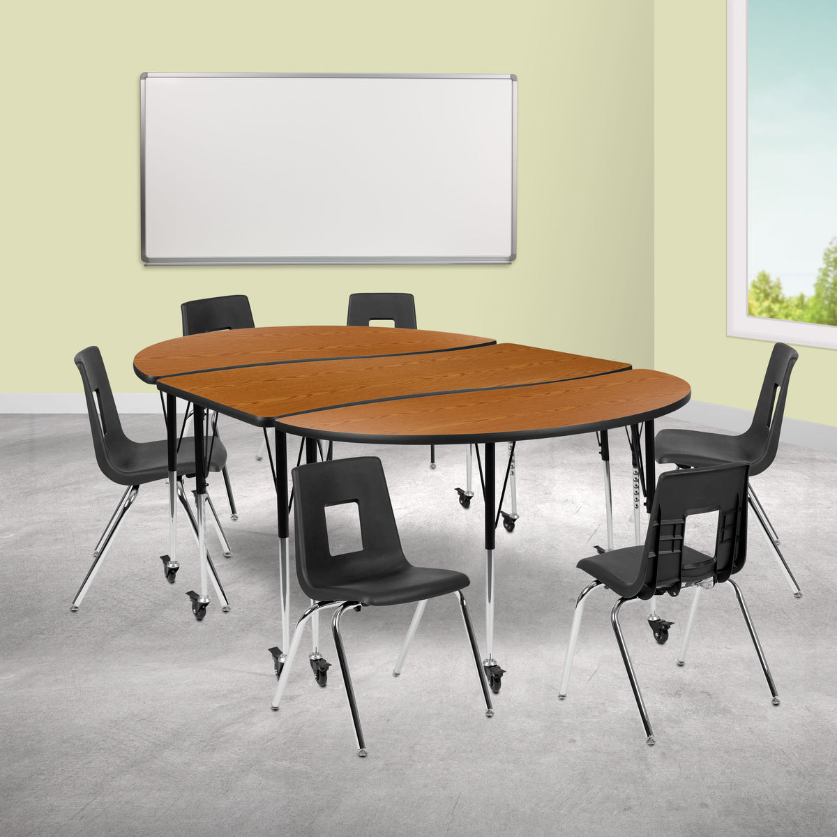 Flash Furniture XU-GRP-18CH-A3060CON-60-OAK-T-A-CAS-GG Mobile 86" Oval Wave Activity Table Set-18" Student Stack Chairs, Oak/Black (Oak Top/Black Frame) - View 2