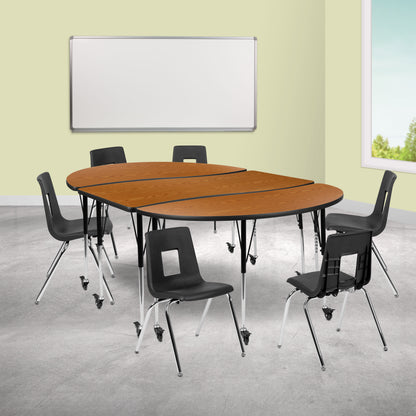 Flash Furniture XU-GRP-18CH-A3060CON-60-OAK-T-A-CAS-GG Mobile 86" Oval Wave Activity Table Set-18" Student Stack Chairs, Oak/Black (Oak Top/Black Frame) - View 2