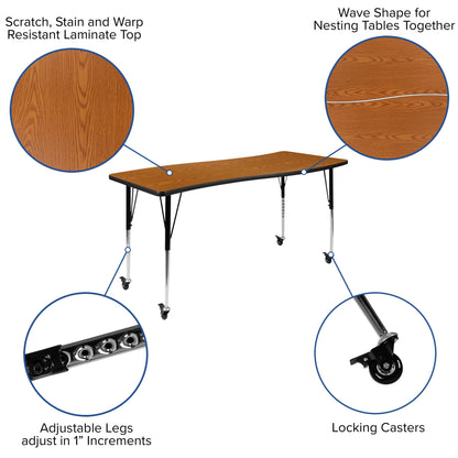 Flash Furniture XU-GRP-18CH-A3060CON-60-OAK-T-A-CAS-GG Mobile 86" Oval Wave Activity Table Set-18" Student Stack Chairs, Oak/Black (Oak Top/Black Frame) - View 4