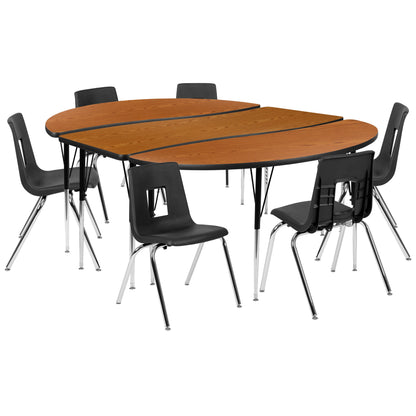 Flash Furniture XU-GRP-18CH-A3060CON-60-OAK-T-A-GG 86" Oval Wave Activity Table Set with 18" Student Stack Chairs, Oak/Black (Oak Top/Black Frame) - Main view