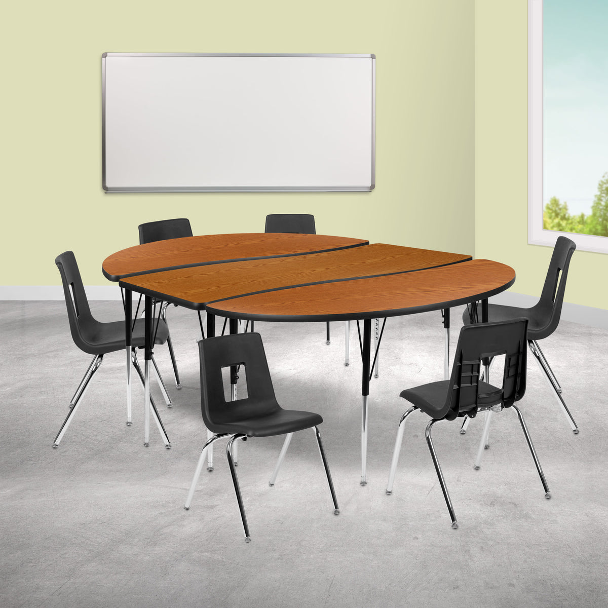 Flash Furniture XU-GRP-18CH-A3060CON-60-OAK-T-A-GG 86" Oval Wave Activity Table Set with 18" Student Stack Chairs, Oak/Black (Oak Top/Black Frame) - View 2