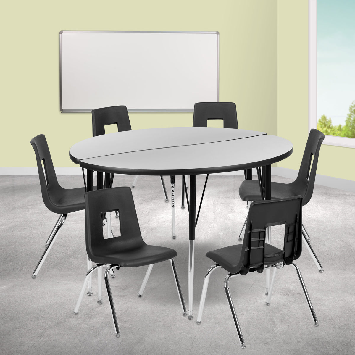 Flash Furniture XU-GRP-18CH-A48-HCIRC-GY-T-A-GG 47.5" Circle Wave Activity Table Set with 18" Student Stack Chairs, Grey/Black (Grey Top/Black Frame) - View 2