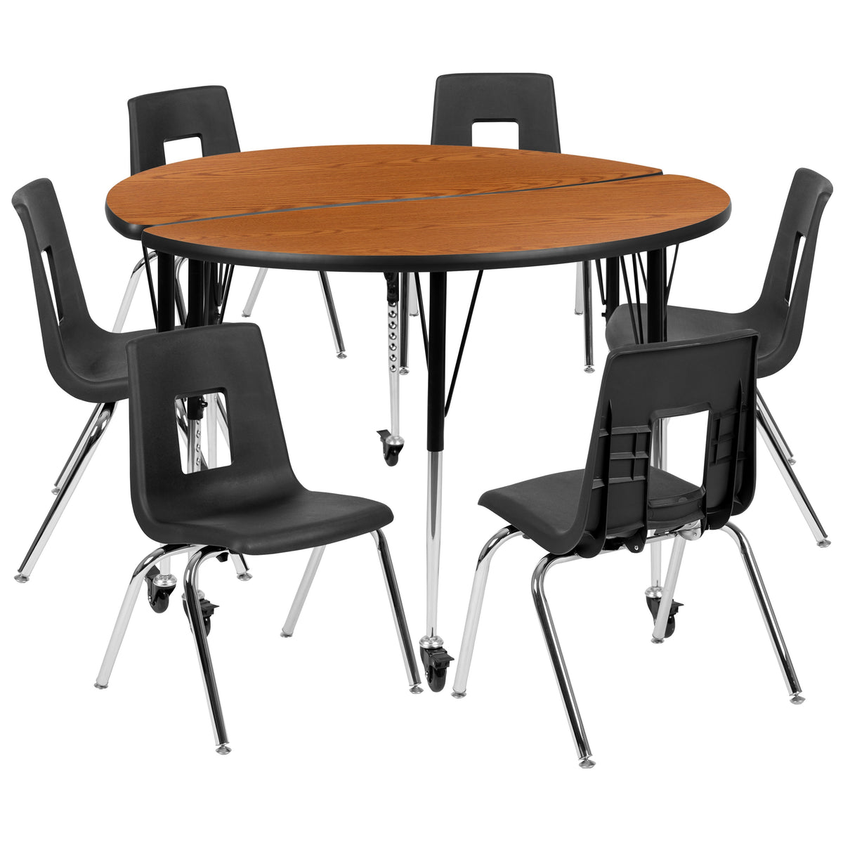 Flash Furniture XU-GRP-18CH-A48-HCIRC-OAK-T-A-CAS-GG Mobile 47.5" Circle Wave Activity Table Set-18" Student Stack Chairs, Oak/Black (Oak Top/Black Frame) - Main view