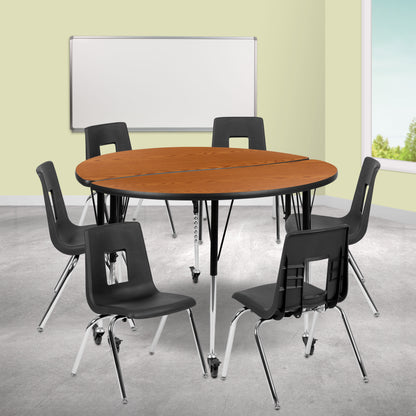 Flash Furniture XU-GRP-18CH-A48-HCIRC-OAK-T-A-CAS-GG Mobile 47.5" Circle Wave Activity Table Set-18" Student Stack Chairs, Oak/Black (Oak Top/Black Frame) - View 2