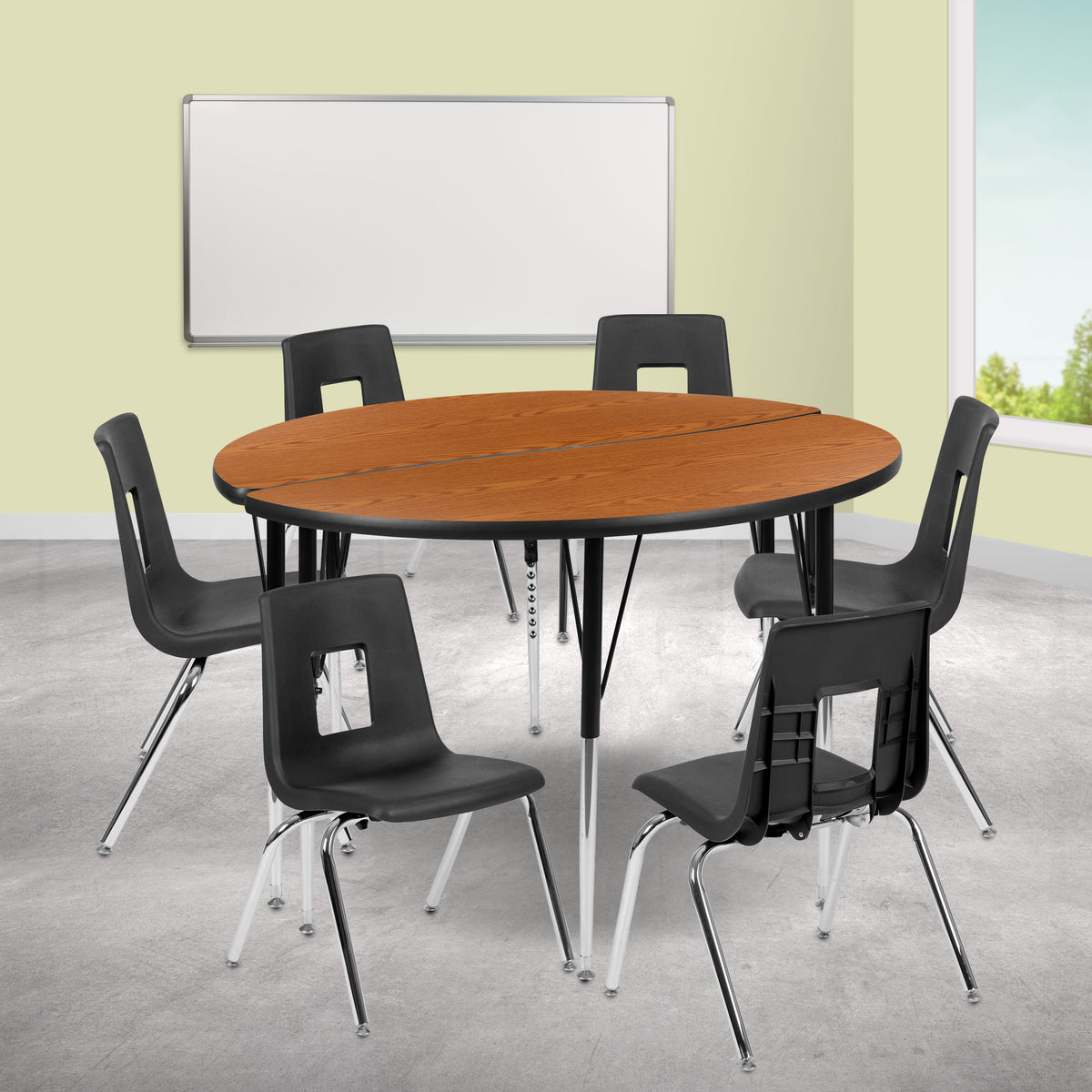 Flash Furniture XU-GRP-18CH-A48-HCIRC-OAK-T-A-GG 47.5" Circle Wave Activity Table Set with 18" Student Stack Chairs, Oak/Black (Oak Top/Black Frame) - View 2
