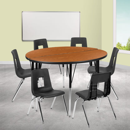 Flash Furniture XU-GRP-18CH-A48-HCIRC-OAK-T-A-GG 47.5" Circle Wave Activity Table Set with 18" Student Stack Chairs, Oak/Black (Oak Top/Black Frame) - View 2