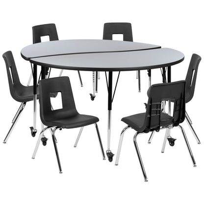 Flash Furniture XU-GRP-18CH-A60-HCIRC-GY-T-A-CAS-GG Mobile 60" Circle Wave Activity Table Set-18" Student Stack Chairs, Grey/Black (Grey Top/Black Frame) - Main view