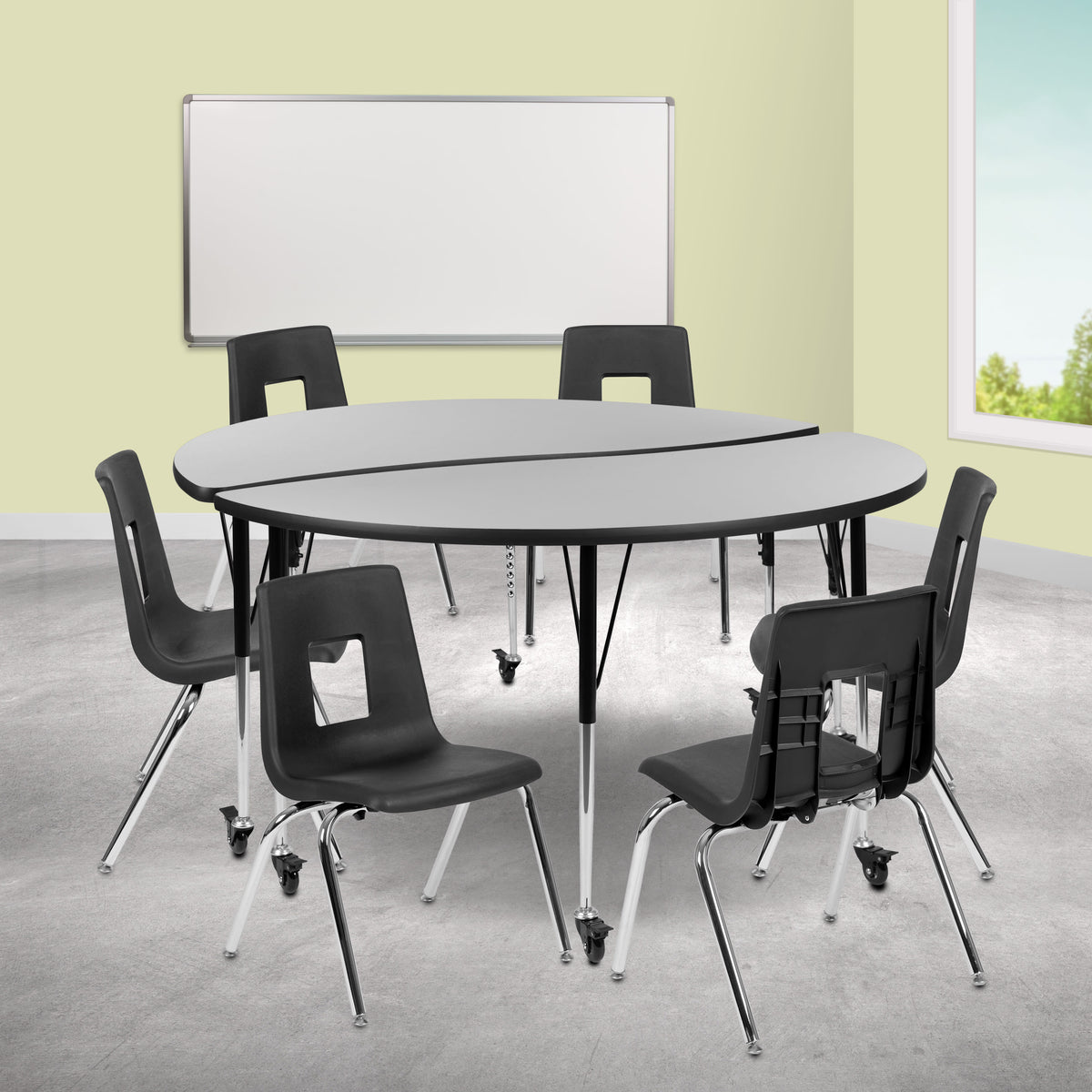 Flash Furniture XU-GRP-18CH-A60-HCIRC-GY-T-A-CAS-GG Mobile 60" Circle Wave Activity Table Set-18" Student Stack Chairs, Grey/Black (Grey Top/Black Frame) - View 2