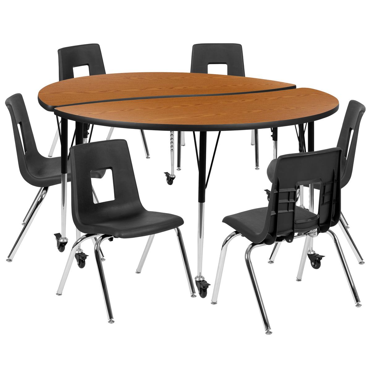 Flash Furniture XU-GRP-18CH-A60-HCIRC-OAK-T-A-CAS-GG Mobile 60" Circle Wave Activity Table Set-18" Student Stack Chairs, Oak/Black (Oak Top/Black Frame) - Main view