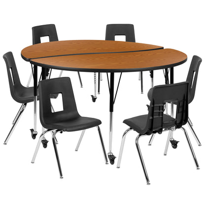 Flash Furniture XU-GRP-18CH-A60-HCIRC-OAK-T-A-CAS-GG Mobile 60" Circle Wave Activity Table Set-18" Student Stack Chairs, Oak/Black (Oak Top/Black Frame) - Main view