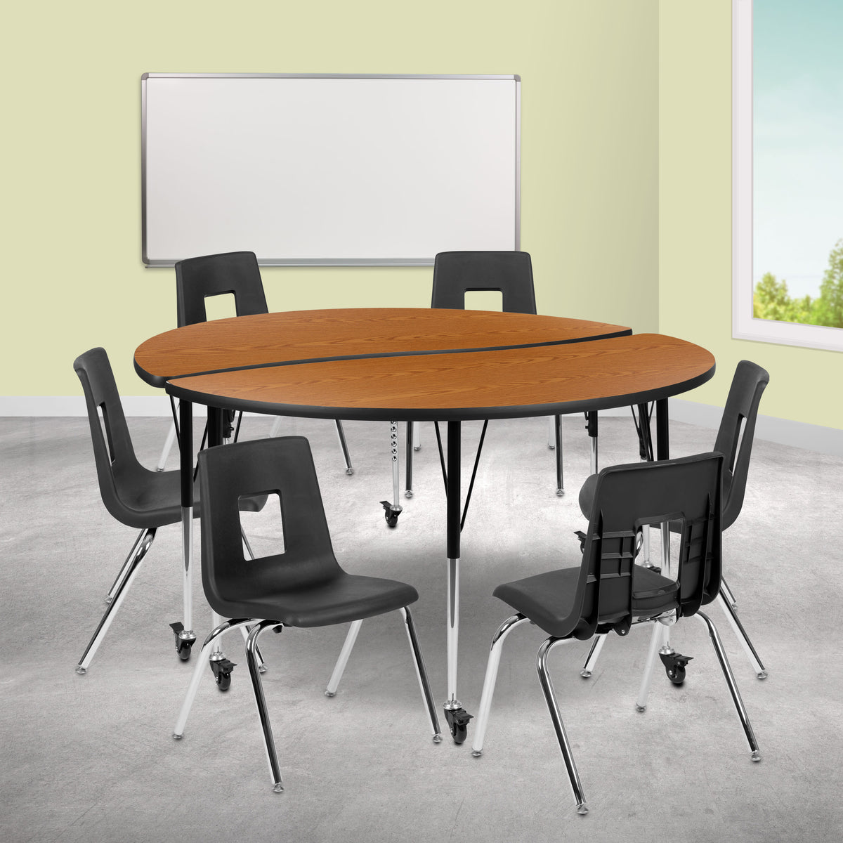 Flash Furniture XU-GRP-18CH-A60-HCIRC-OAK-T-A-CAS-GG Mobile 60" Circle Wave Activity Table Set-18" Student Stack Chairs, Oak/Black (Oak Top/Black Frame) - View 2