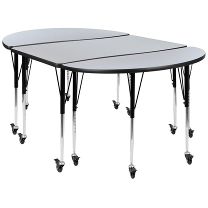Flash Furniture XU-GRP-A3048CON-48-GY-T-A-CAS-GG 3 Piece Mobile 76" Oval Wave Flexible Grey Adjustable Activity Table Set (Grey Top/Black Frame) - Main view