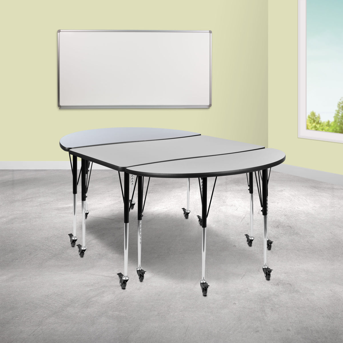 Flash Furniture XU-GRP-A3048CON-48-GY-T-A-CAS-GG 3 Piece Mobile 76" Oval Wave Flexible Grey Adjustable Activity Table Set (Grey Top/Black Frame) - View 2