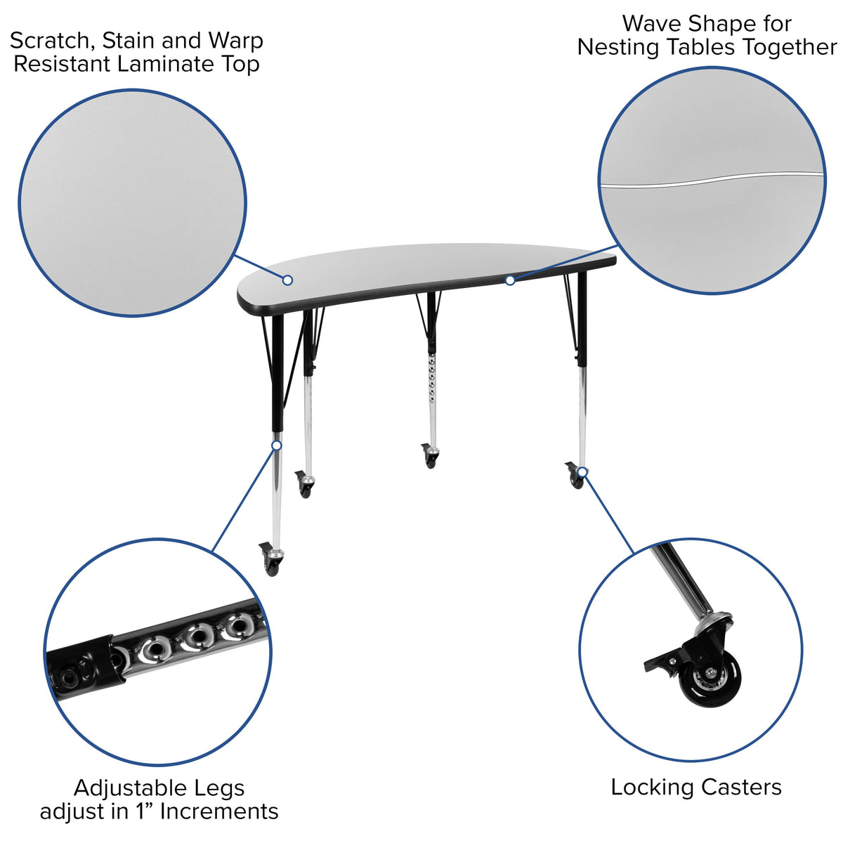 Flash Furniture XU-GRP-A3048CON-48-GY-T-A-CAS-GG 3 Piece Mobile 76" Oval Wave Flexible Grey Adjustable Activity Table Set (Grey Top/Black Frame) - View 3