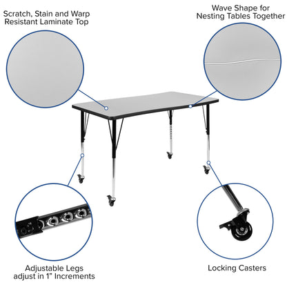 Flash Furniture XU-GRP-A3048CON-48-GY-T-A-CAS-GG 3 Piece Mobile 76" Oval Wave Flexible Grey Adjustable Activity Table Set (Grey Top/Black Frame) - View 4