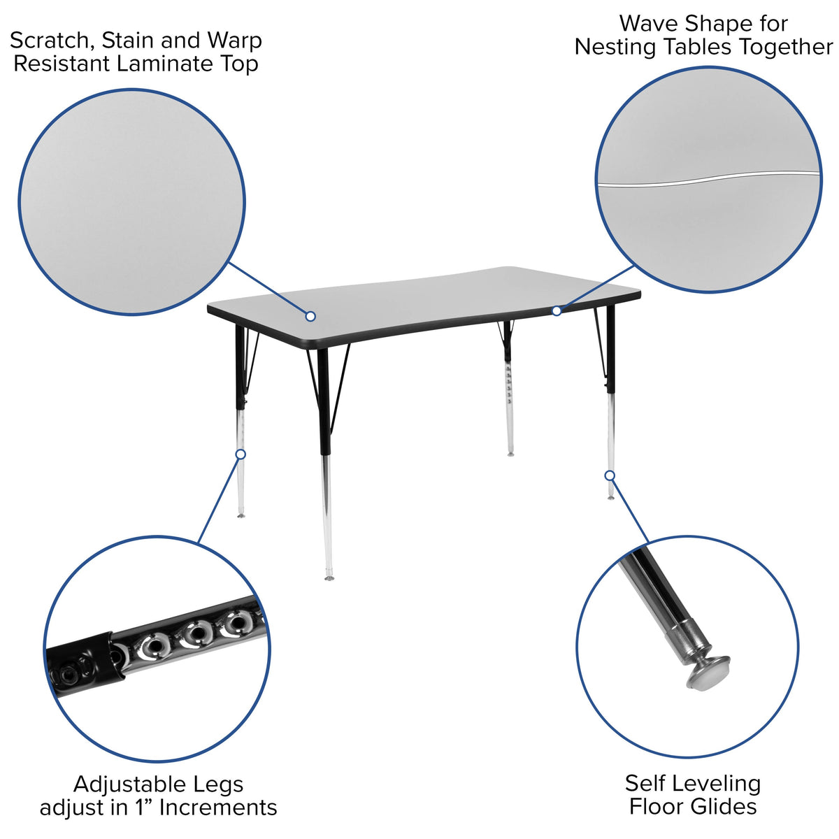 Flash Furniture XU-GRP-A3048CON-48-GY-T-A-GG 3 Piece 76" Oval Wave Flexible Grey Adjustable Activity Table Set (Grey Top/Black Frame) - View 4