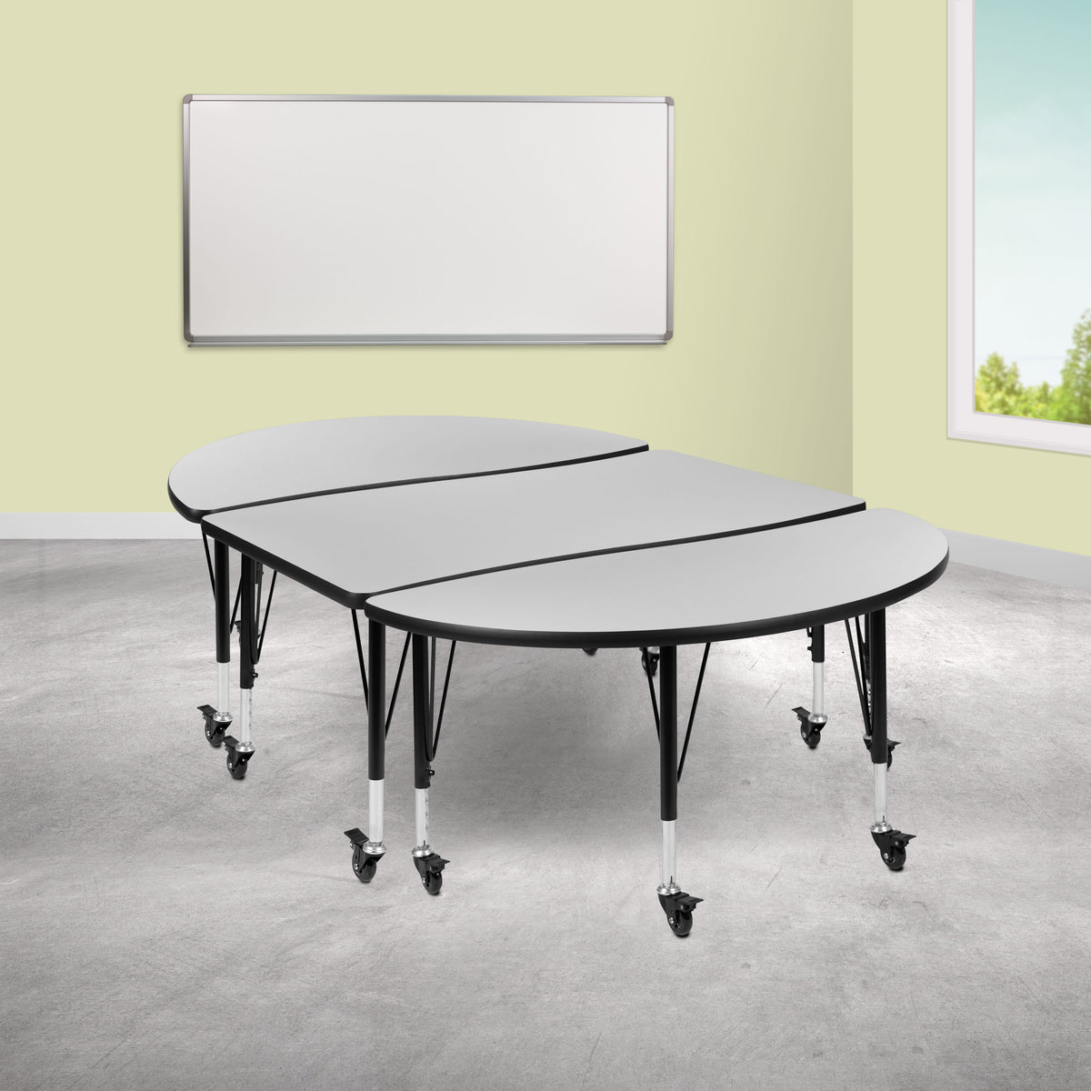 Flash Furniture XU-GRP-A3048CON-48-GY-T-P-CAS-GG 3PC Mobile 76" Oval Wave Flexible Grey Kids Adjustable Activity Table Set (Grey Top/Black Frame) - View 2