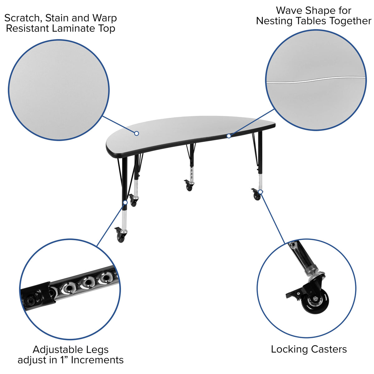 Flash Furniture XU-GRP-A3048CON-48-GY-T-P-CAS-GG 3PC Mobile 76" Oval Wave Flexible Grey Kids Adjustable Activity Table Set (Grey Top/Black Frame) - View 3