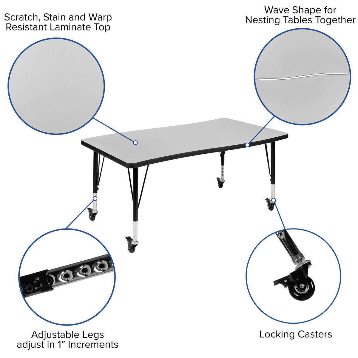 Flash Furniture XU-GRP-A3048CON-48-GY-T-P-CAS-GG 3PC Mobile 76" Oval Wave Flexible Grey Kids Adjustable Activity Table Set (Grey Top/Black Frame) - View 4