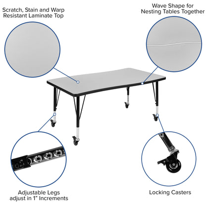 Flash Furniture XU-GRP-A3048CON-48-GY-T-P-CAS-GG 3PC Mobile 76" Oval Wave Flexible Grey Kids Adjustable Activity Table Set (Grey Top/Black Frame) - View 4