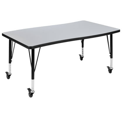 Flash Furniture XU-GRP-A3048CON-48-GY-T-P-CAS-GG 3PC Mobile 76" Oval Wave Flexible Grey Kids Adjustable Activity Table Set (Grey Top/Black Frame) - View 9