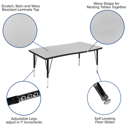 Flash Furniture XU-GRP-A3048CON-48-GY-T-P-GG 3 Piece 76" Oval Wave Flexible Grey Kids Adjustable Activity Table Set (Grey Top/Black Frame) - View 4