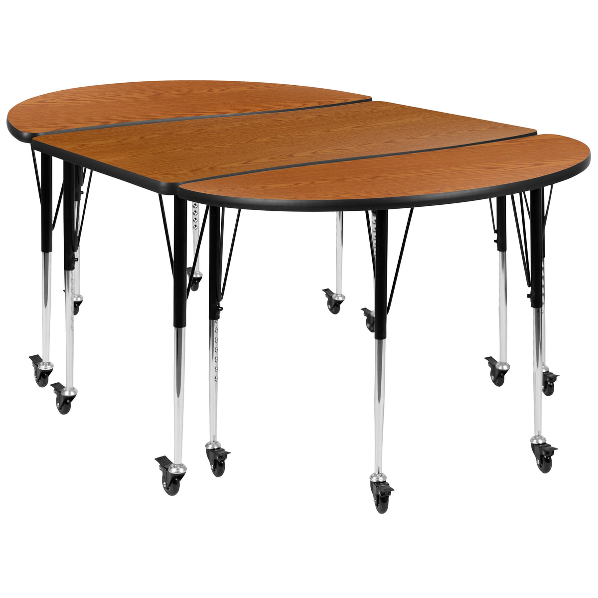 Flash Furniture XU-GRP-A3048CON-48-OAK-T-A-CAS-GG 3 Piece Mobile 76" Oval Wave Flexible Oak Adjustable Activity Table Set (Oak Top/Black Frame) - Main view