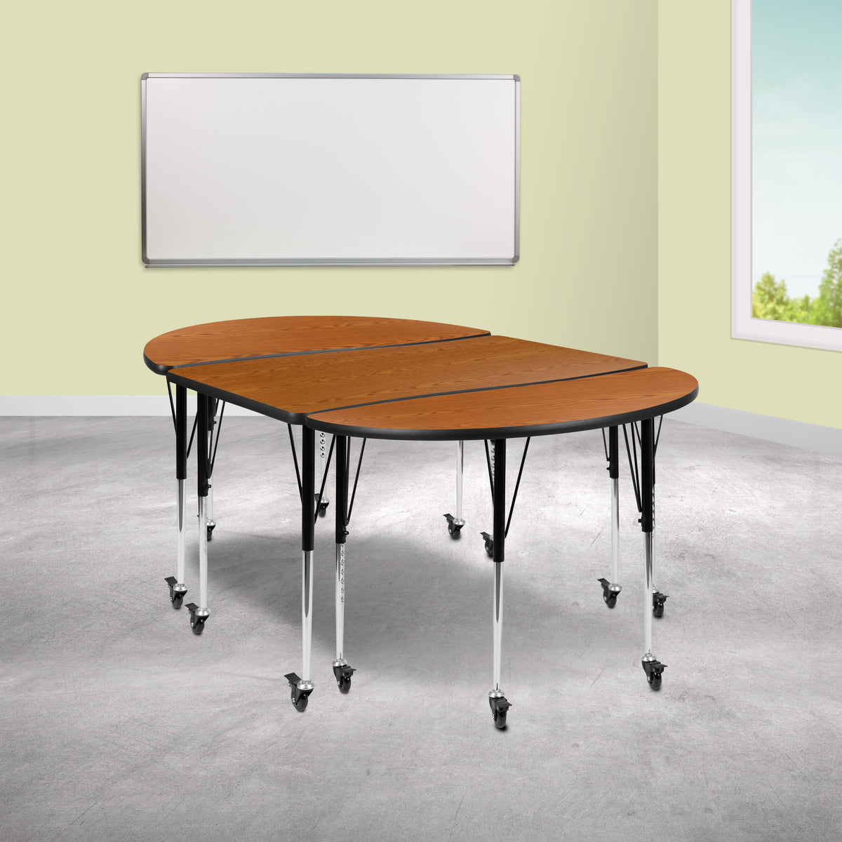 Flash Furniture XU-GRP-A3048CON-48-OAK-T-A-CAS-GG 3 Piece Mobile 76" Oval Wave Flexible Oak Adjustable Activity Table Set (Oak Top/Black Frame) - View 2
