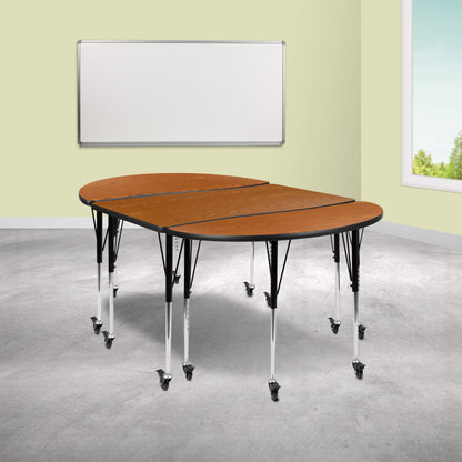 Flash Furniture XU-GRP-A3048CON-48-OAK-T-A-CAS-GG 3 Piece Mobile 76" Oval Wave Flexible Oak Adjustable Activity Table Set (Oak Top/Black Frame) - View 2