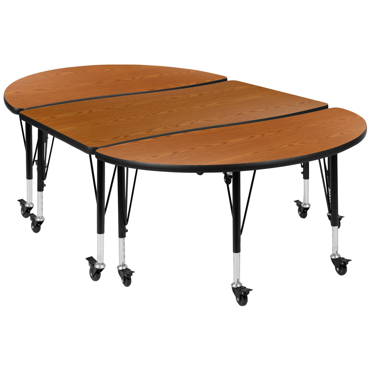 Flash Furniture XU-GRP-A3048CON-48-OAK-T-P-CAS-GG 3PC Mobile 76" Oval Wave Flexible Oak Kids Adjustable Activity Table Set (Oak Top/Black Frame) - Main view