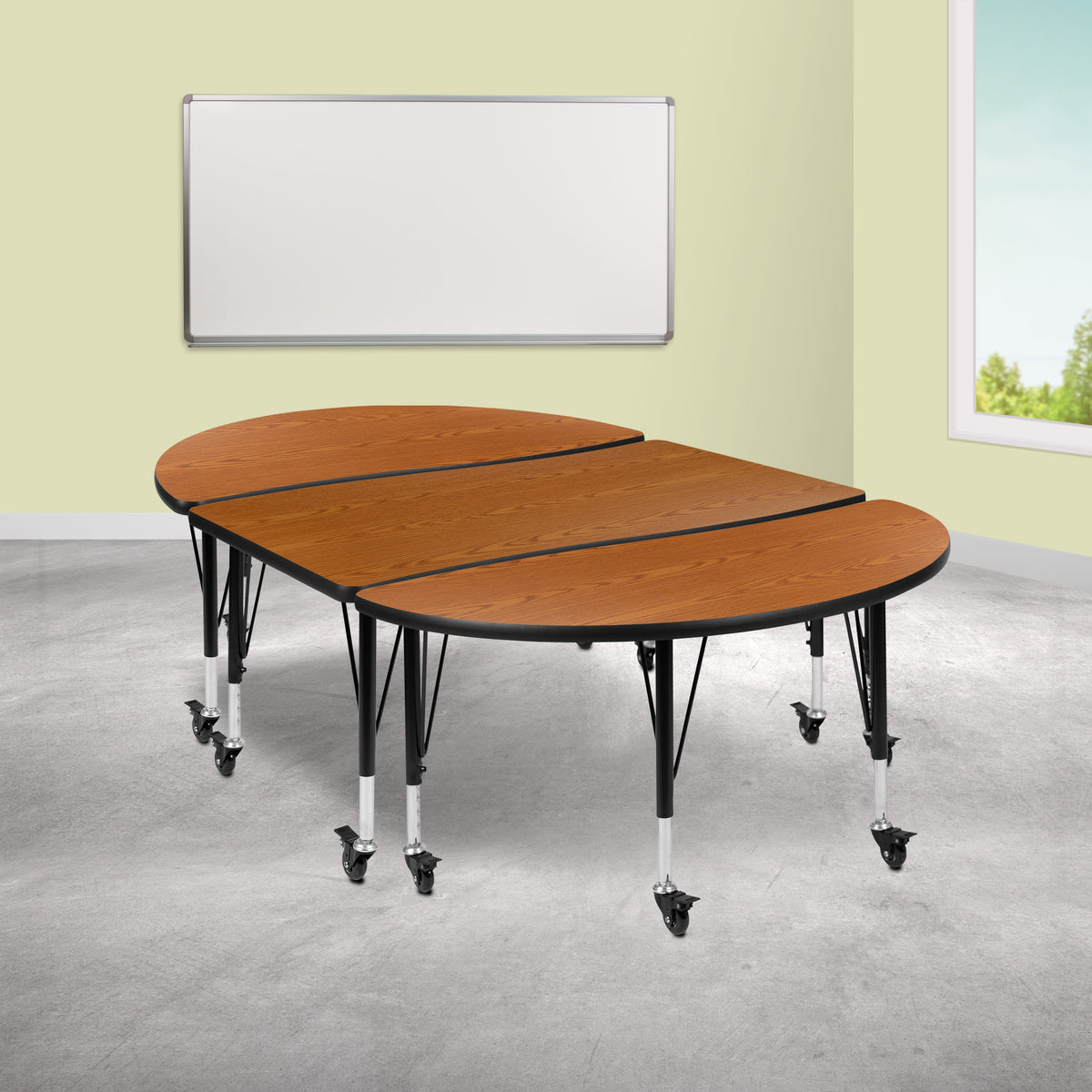 Flash Furniture XU-GRP-A3048CON-48-OAK-T-P-CAS-GG 3PC Mobile 76" Oval Wave Flexible Oak Kids Adjustable Activity Table Set (Oak Top/Black Frame) - View 2