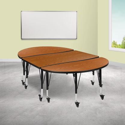 Flash Furniture XU-GRP-A3048CON-48-OAK-T-P-CAS-GG 3PC Mobile 76" Oval Wave Flexible Oak Kids Adjustable Activity Table Set (Oak Top/Black Frame) - View 2