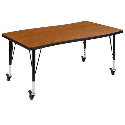 Flash Furniture XU-GRP-A3048CON-48-OAK-T-P-CAS-GG 3PC Mobile 76" Oval Wave Flexible Oak Kids Adjustable Activity Table Set (Oak Top/Black Frame) - View 9
