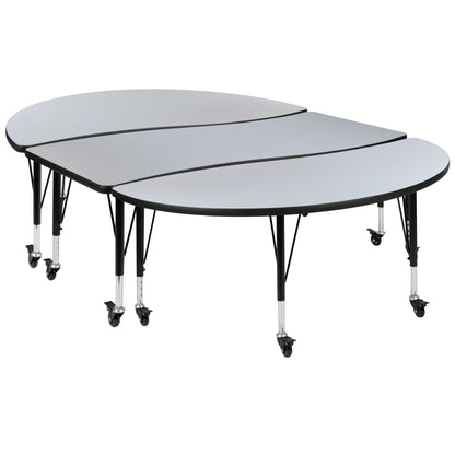 Flash Furniture XU-GRP-A3060CON-60-GY-T-P-CAS-GG 3PC Mobile 86" Oval Wave Flexible Grey Kids Adjustable Activity Table Set (Grey Top/Black Frame) - Main view