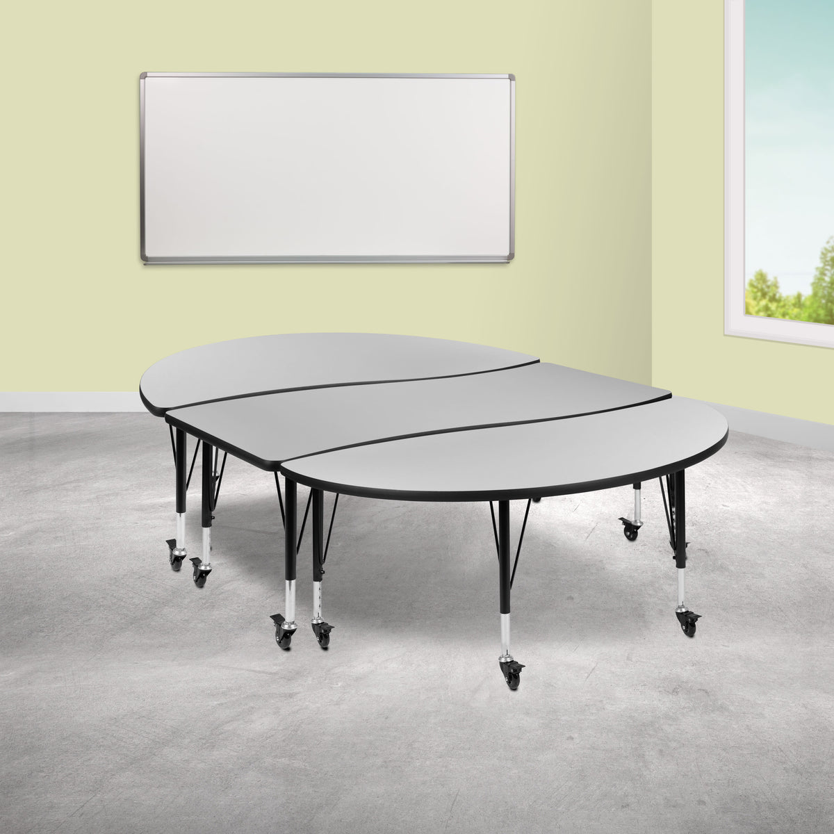 Flash Furniture XU-GRP-A3060CON-60-GY-T-P-CAS-GG 3PC Mobile 86" Oval Wave Flexible Grey Kids Adjustable Activity Table Set (Grey Top/Black Frame) - View 2