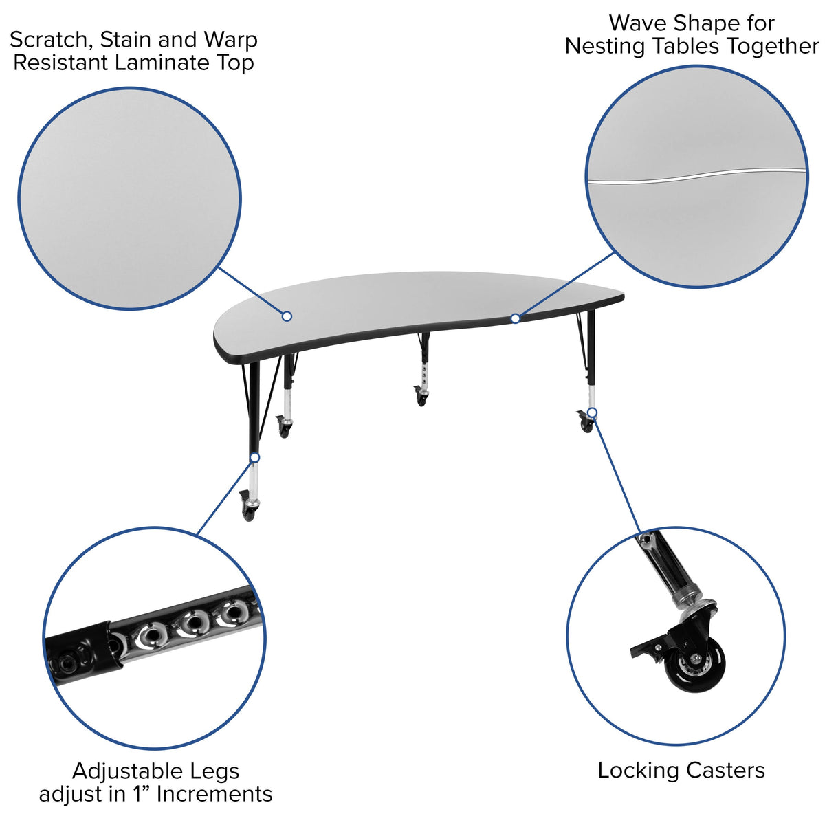 Flash Furniture XU-GRP-A3060CON-60-GY-T-P-CAS-GG 3PC Mobile 86" Oval Wave Flexible Grey Kids Adjustable Activity Table Set (Grey Top/Black Frame) - View 3