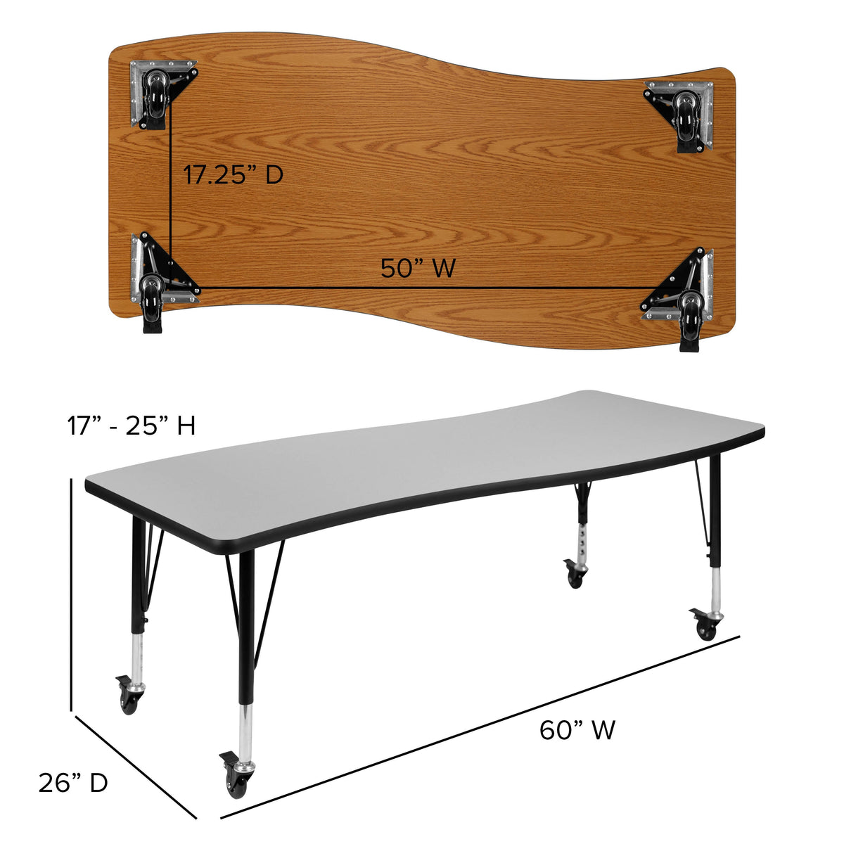 Flash Furniture XU-GRP-A3060CON-60-GY-T-P-CAS-GG 3PC Mobile 86" Oval Wave Flexible Grey Kids Adjustable Activity Table Set (Grey Top/Black Frame) - View 6