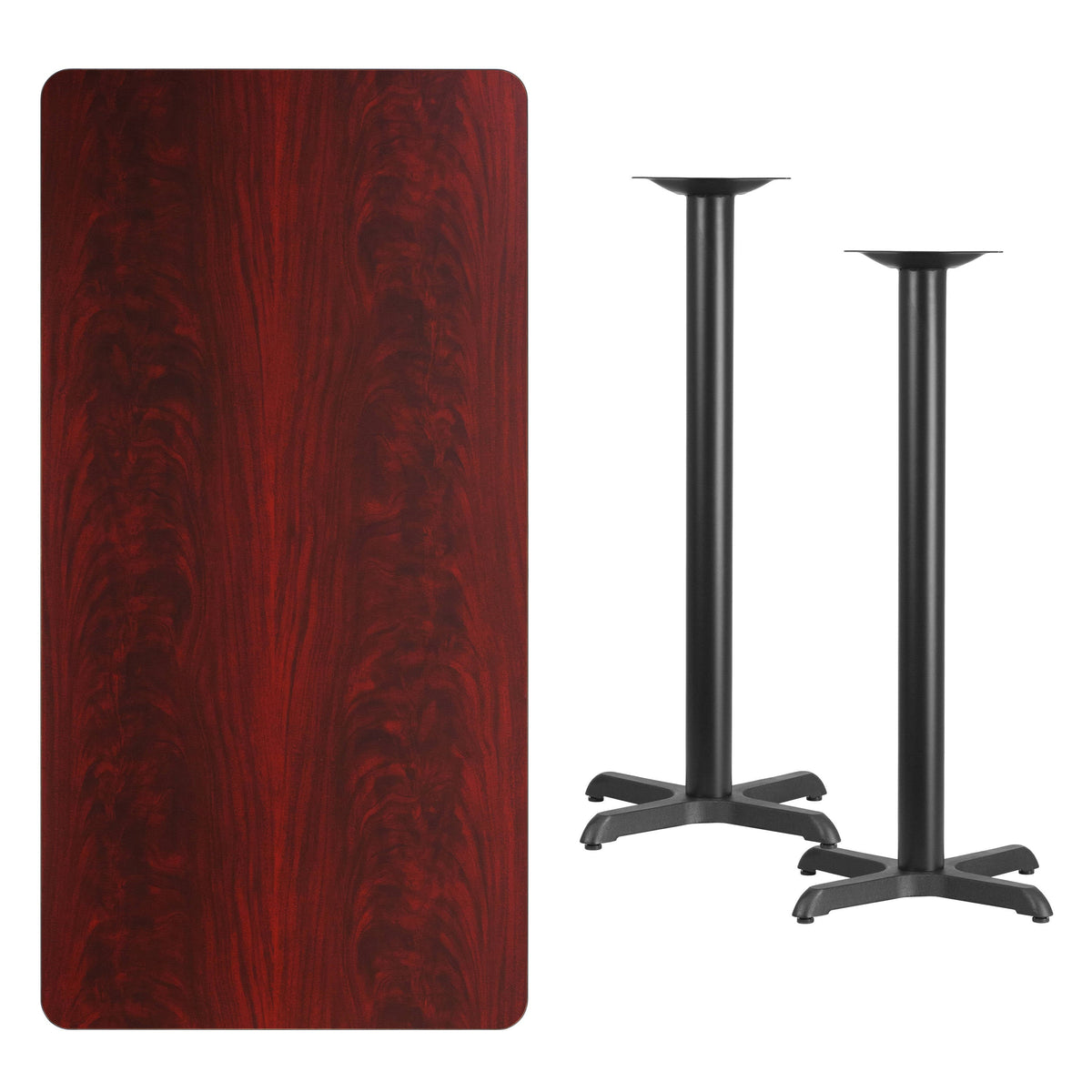 Flash Furniture XU-MAHTB-3060-T2222B-GG 30" x 60" Mahogany Laminate Table Top with 22" x 22" Bar Height Table Bases - View 2